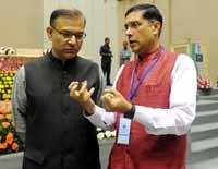 (left) Jayant Sinha, Minister of State for Finance with Chief Economic Adviser Arvind Subramanian during the Delhi Economics Conclave 2015, in New Delhi on 6th November 2015. (Photo: Tribhuvan Tiwari/Outlook). (left) Jayant Sinha, Minister of State for Finance with Chief Economic Adviser Arvind Subramanian during the Delhi Economics Conclave 2015, in New Delhi on 6th November 2015. (Photo: Tribhuvan Tiwari/Outlook).